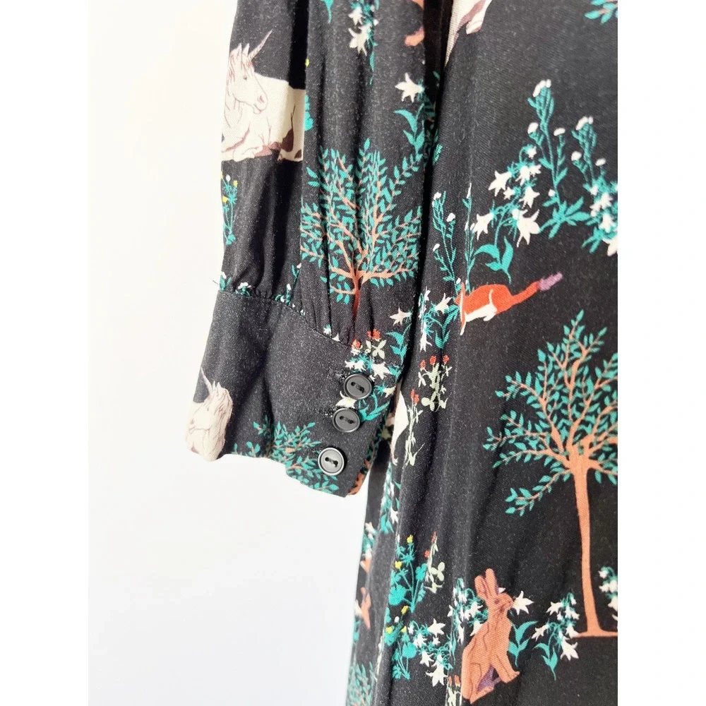 Modcloth Sugarhill Mini Dress Black Unicorn Woodland Print Long Sleeve Whimsical - Picture 7 of 9